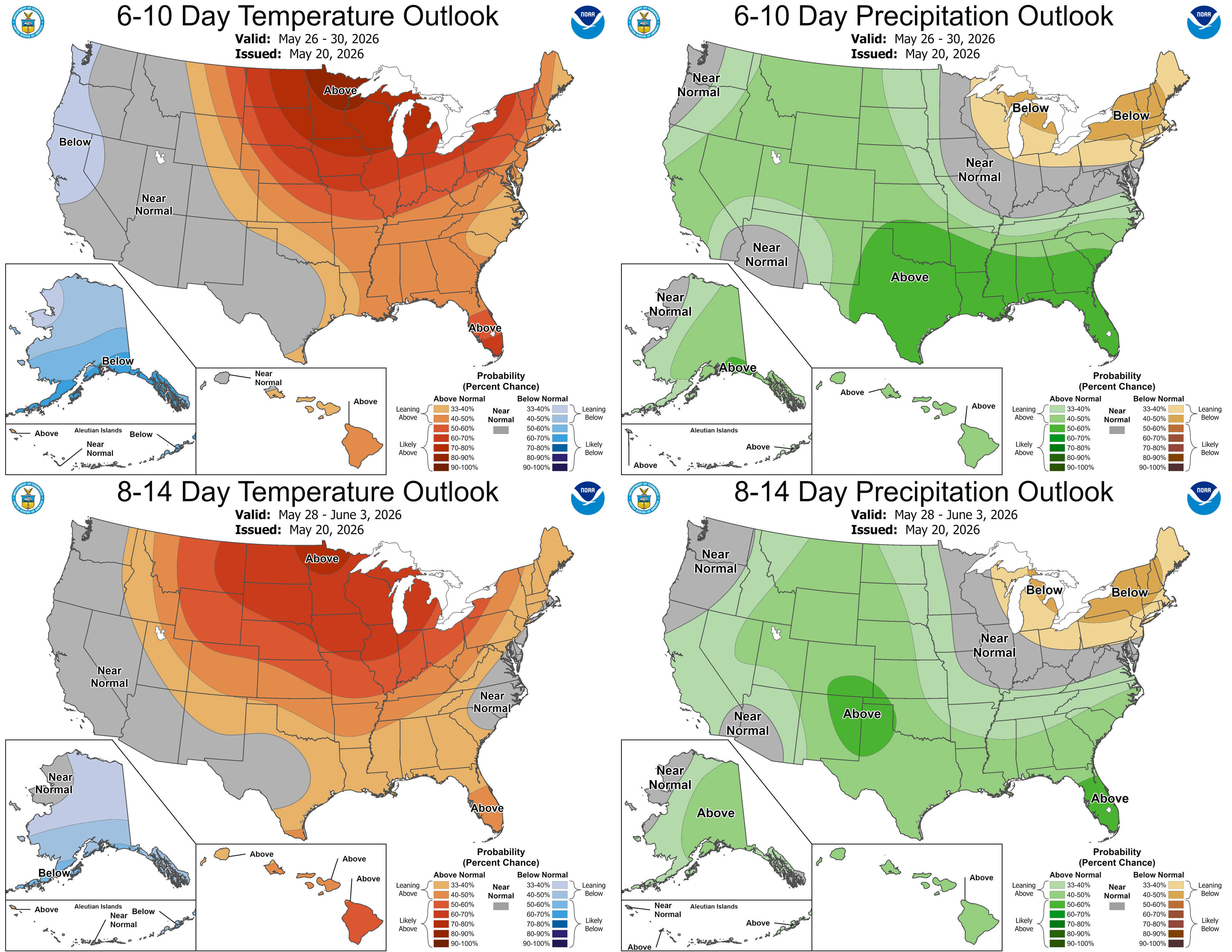 The temperature and precipitation predictions across the country. 
